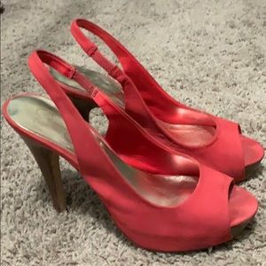 Coral Jessica Simpson slingback platform pumps.